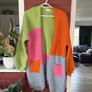 1.4.3. Story by Line Up Colorblock Knit Cardigan in Lime, Pink, Orange & Blue S